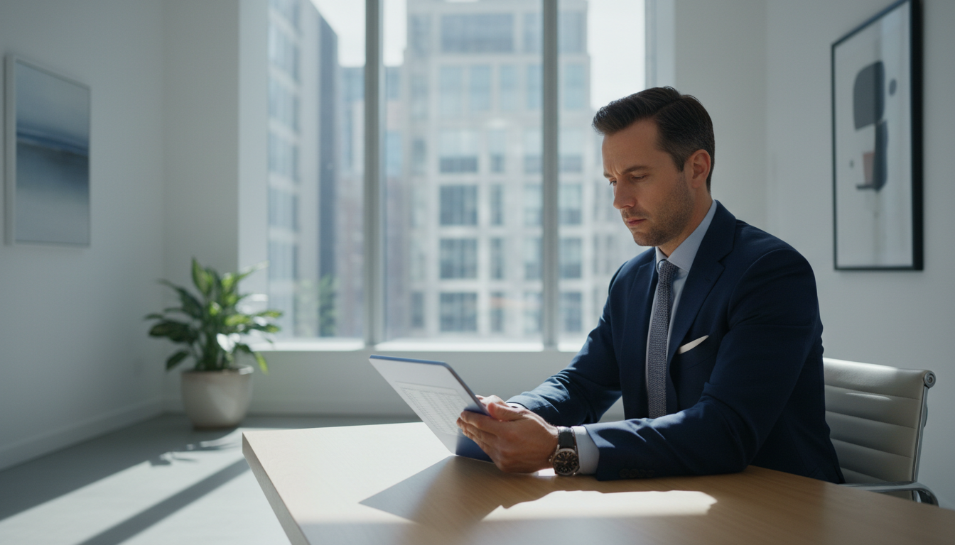 Финансовый управляющий изучает документы на планшете