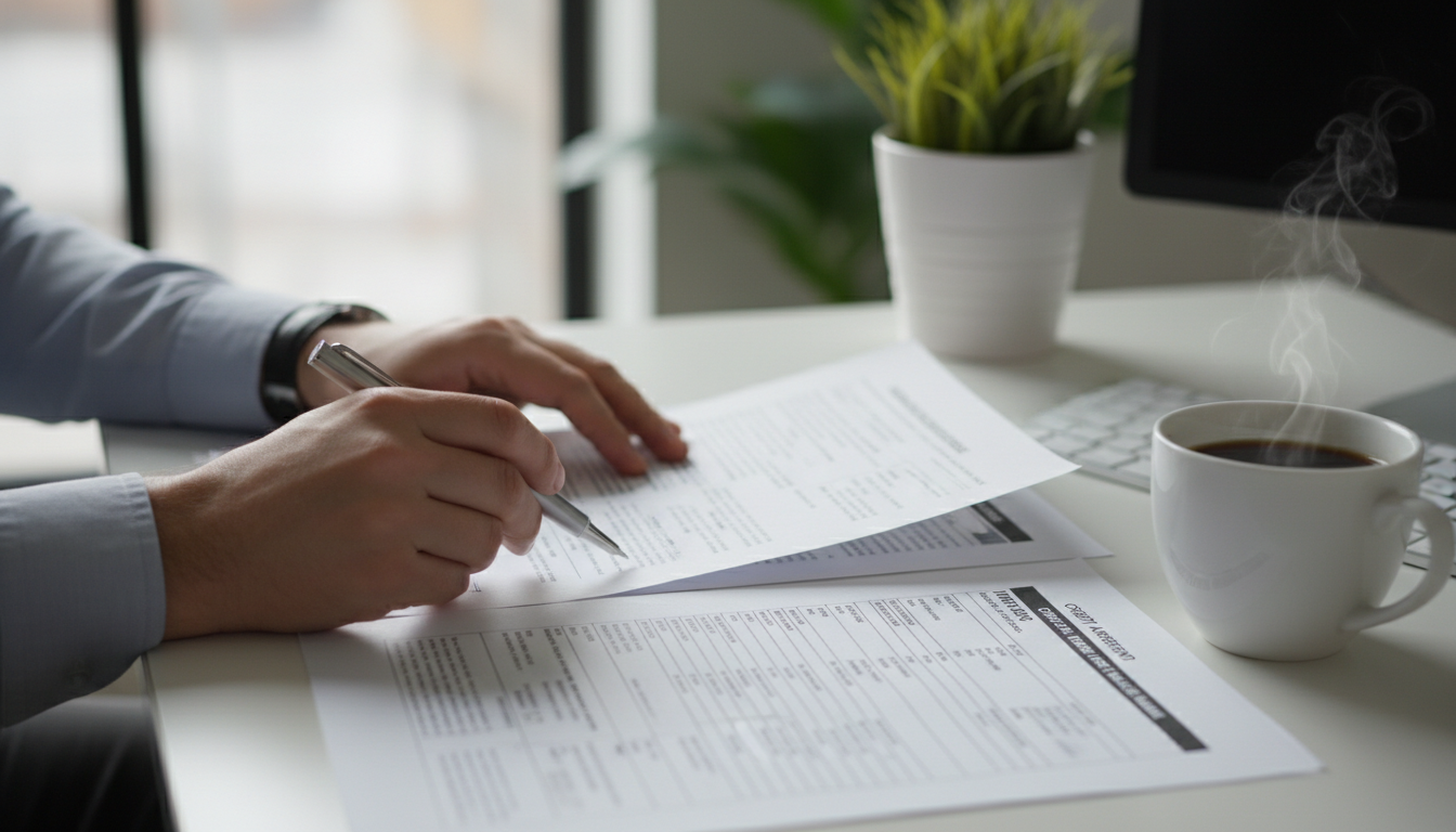 Руки человека, просматривающего пачку финансовых документов на столе в офисе