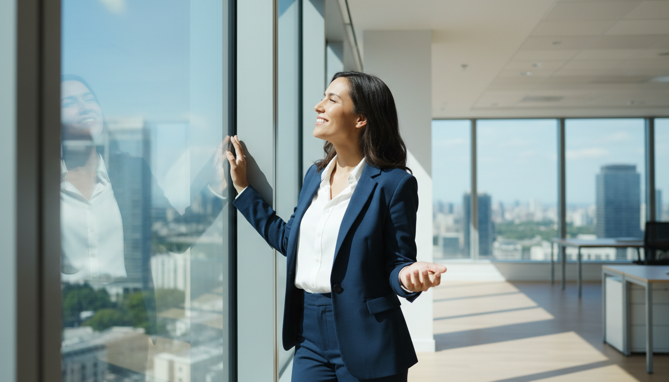 Человек смотрит в окно офиса с чувством облегчения после списания долгов