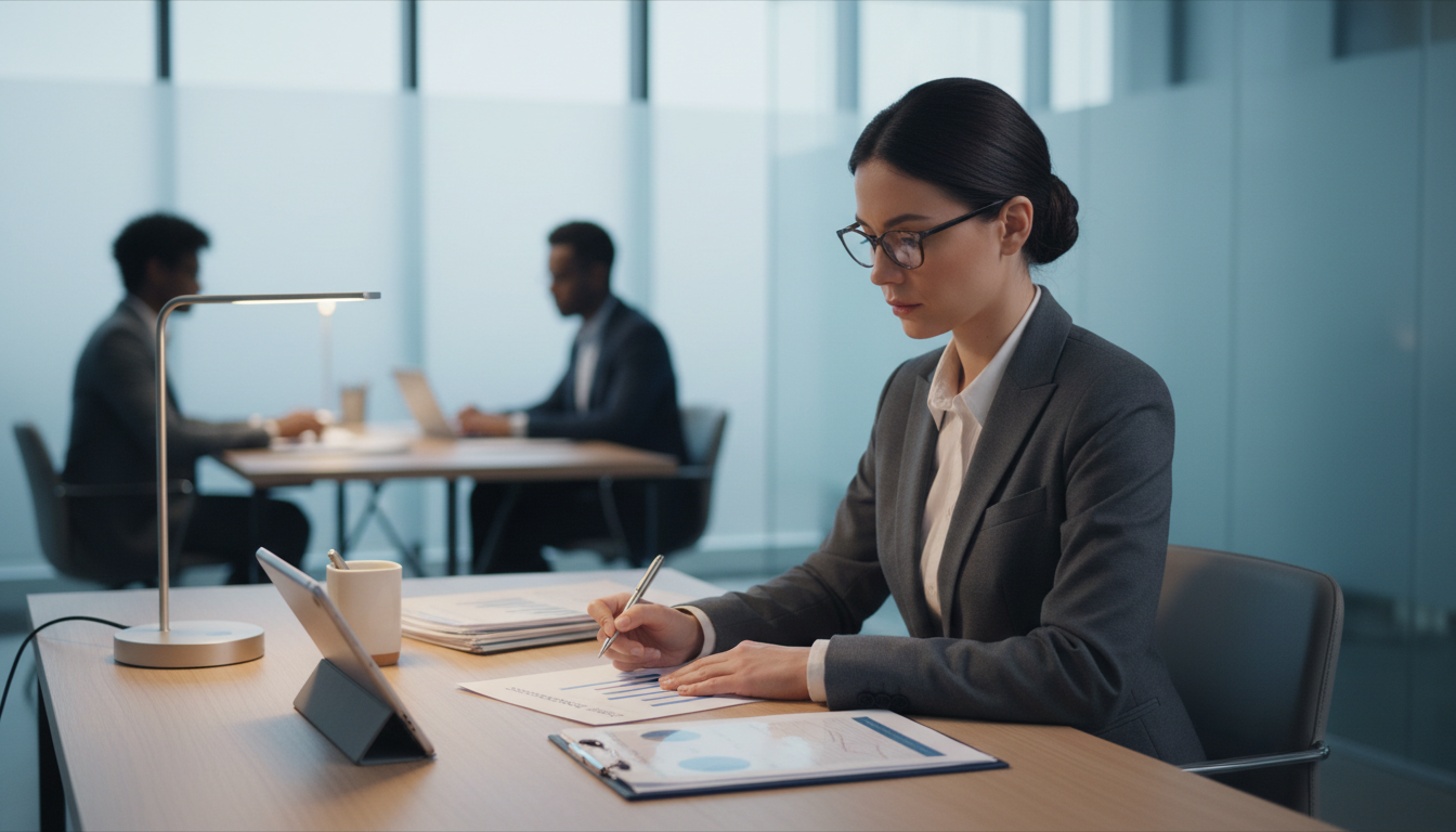 Финансовый управляющий анализирует документы по реструктуризации долгов за столом в современном офисе