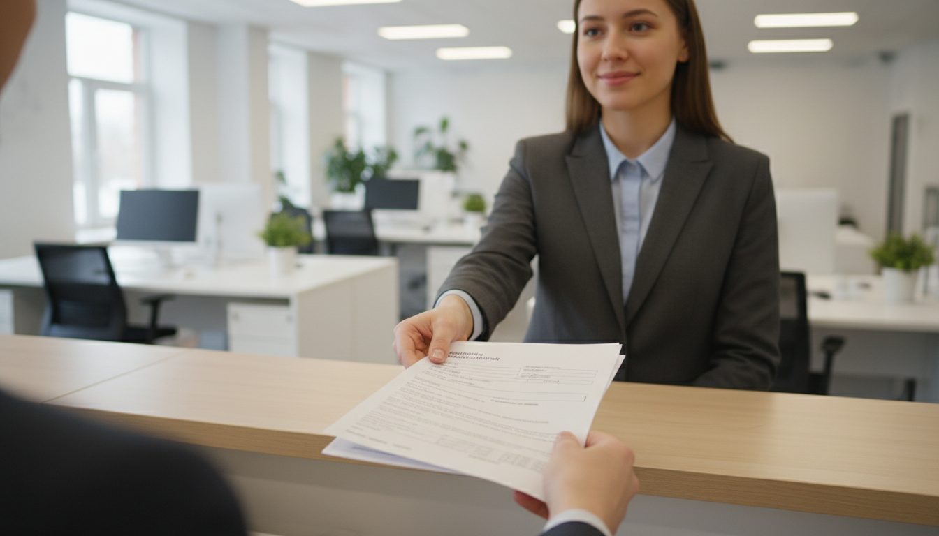 Человек передает заявление сотруднику МФЦ, выражая надежду и облегчение