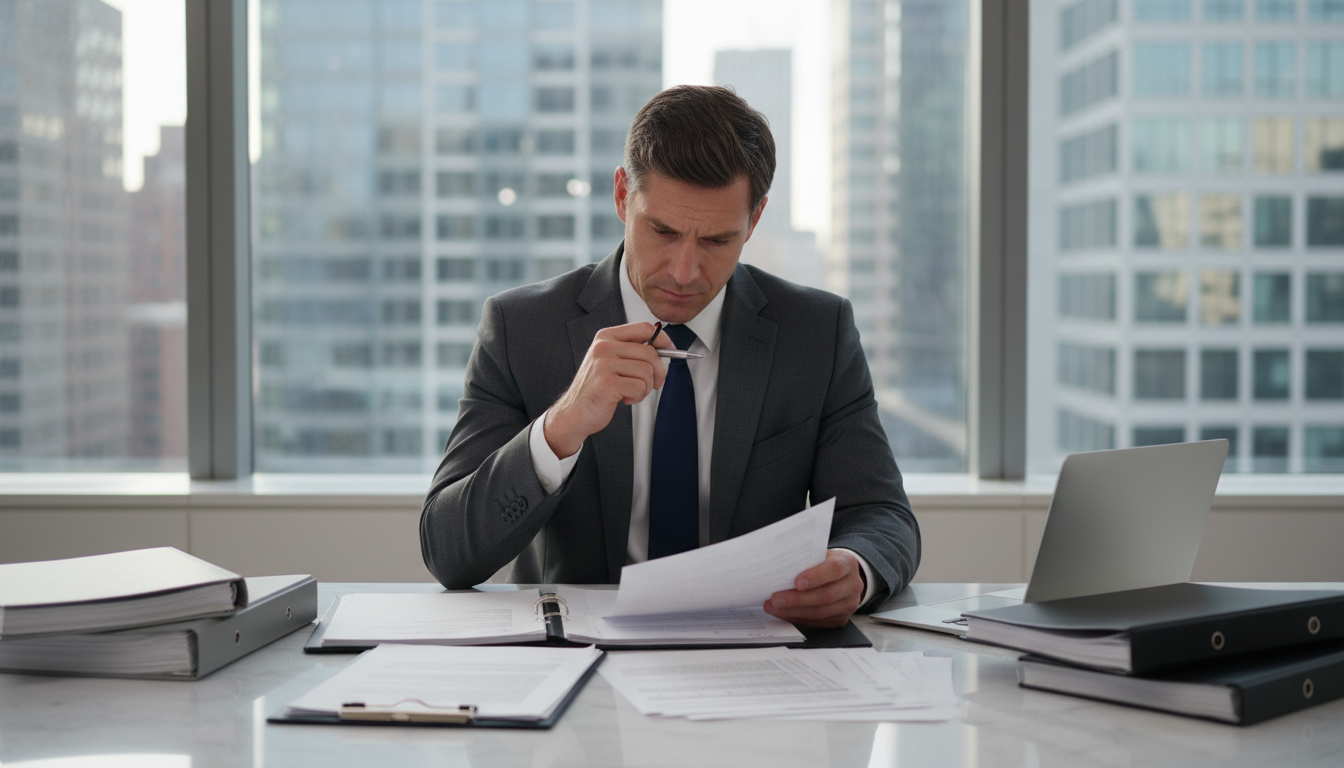Arbitration manager reviewing financial documents in a modern office