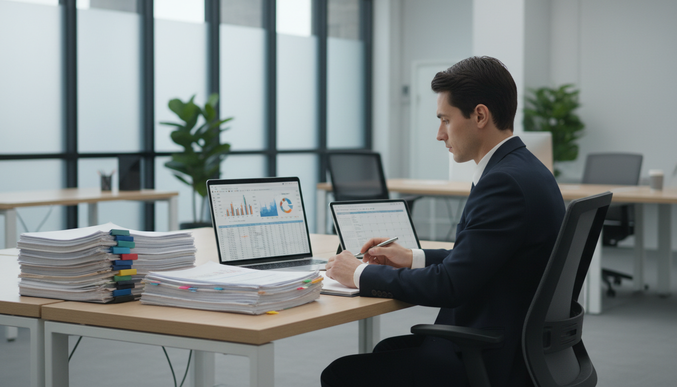 Человек тщательно изучает документы для банкротства в современном офисе