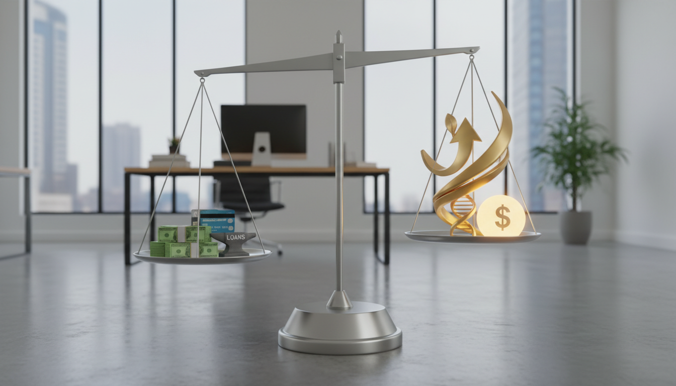 A balanced scale with debt on one side and peace of mind on the other, representing the pros and cons of bankruptcy.