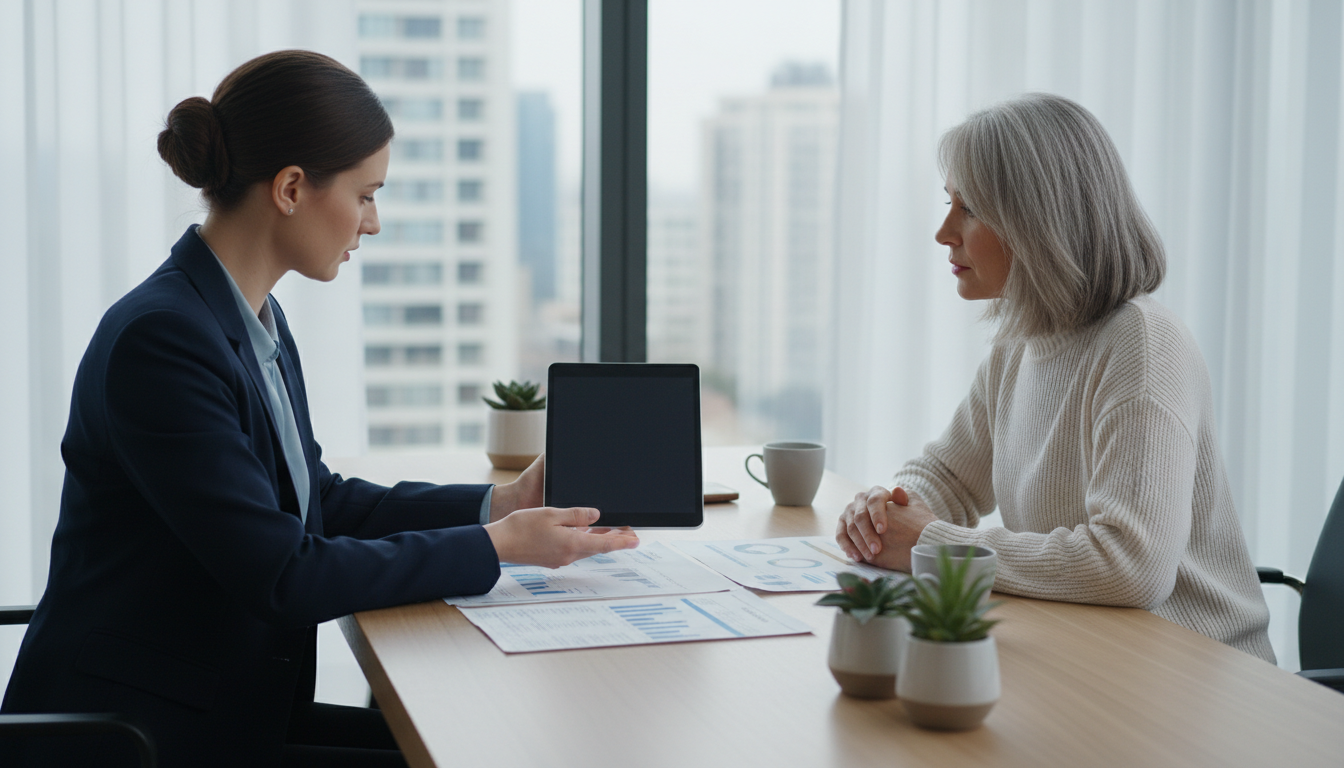 Финансовый консультант объясняет процедуру банкротства клиенту в современном офисе